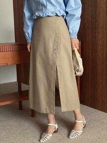 Designer Chân váy nữ màu trơn cài cúc phía trước, xẻ tà, kiểu dáng thường ngày và đa năng. - Màu Khaki - Xem 3