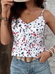 SHEIN Frenchy Lace Spliced Floral Printed Camisole Top For Women, Summer Top, Suitable For Vacation