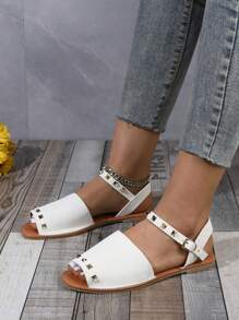 女式時尚舒適白色露趾扁平涼鞋,帶鉚釘和扣帶 - 白色 - 查看 2
