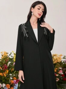Al Najma 串珠装饰披肩领长袍夹克，穆斯林时尚长袍，适合休闲/节日/聚会/旅行 - 黑色 - 查看 1