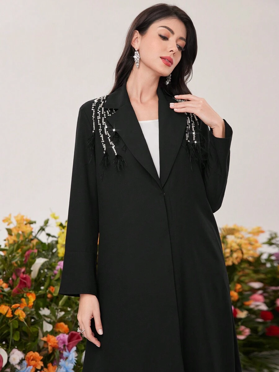 Al Najma 串珠装饰披肩领长袍夹克，穆斯林时尚长袍，适合休闲/节日/聚会/旅行 - 黑色 - 查看 1