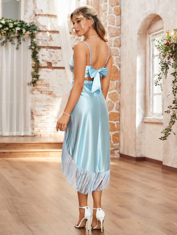 Women's Solid Color Splice Tassel Hem Cami Dress, Semi Formal Dress