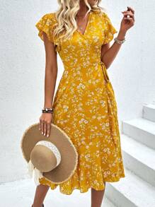 Chiquease Women's Floral Print Ruffle Sleeve Wrap Tie Dress - Yellow - View 5