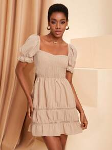 BELEN RODRIGUEZ Designer Women's Solid Color Puff Sleeve Shirred Dress, Summer Elegant Dress, New Year Eve Outfit, For Holiday, Party, Thanksgiving, Vacation, Spring, Festival