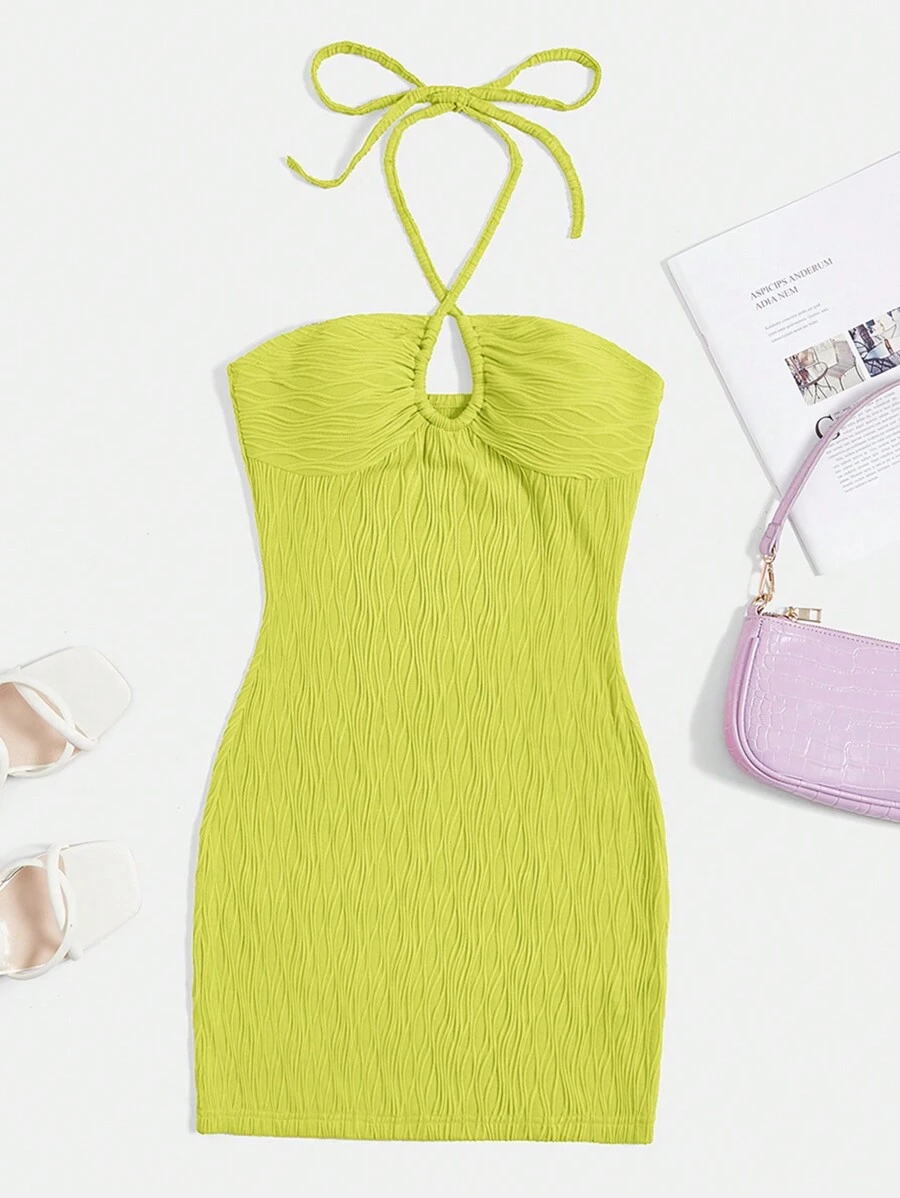 SHEIN EZwear Lime Green Halter Neck Bodycon Fashionable Dress - Lime Green - View 1