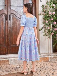 SHEIN Tween Girl Flower Printed Dress With Puff Sleeves, Smocked Top And Ruffle Detailing, Mommy And Me Matching Outfits (2 Pieces Are Sold Separately) - Blue - View 5