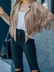 Astylish 女士西部风长袖流苏前开襟仿麂皮机车夹克 - 米色 - 查看 3