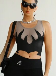 SHEIN ICON Khối màu Ách lưới Quần skinny Áo ba lỗ Với mỏng Chi tiết - Màu xám đen - Xem 2