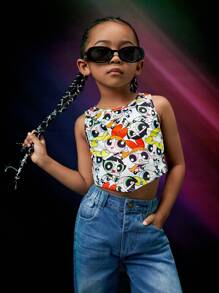 THE POWERPUFF GIRLS X SHEIN Young Girl Allover Cartoon Print Tank Top