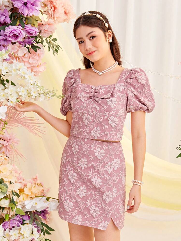 Teen Girl Woven Jacquard Puff Sleeve Square Neckline Bow Decor Shirt With Slit Hem Skirt Casual 2pcs Outfits