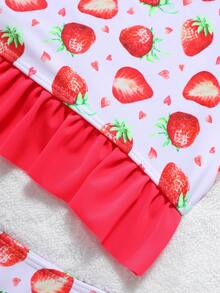 Conjunto de traje de baño con camiseta con estampado de fresa para niñas jóvenes - Rojo - Ver 7