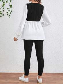SHEIN Bộ đồ bầu gồm áo dài tay cổ tròn và quần dài hai mảnh Colorblock - màu đen - Xem 2