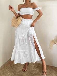 Breezaya Women's Off-Shoulder Shirred Crop Top And Slit Hem Skirt Set - White - View 1