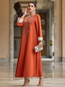 Al Najma Handmade Beaded Loose Color Block Casual Dress, Elegant Evening Party Elegant Luxury Long Sleeve Maxi Modest Dress