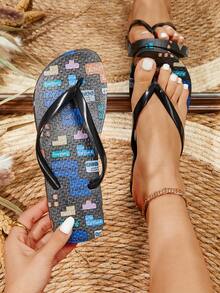 可愛的女式人字拖鞋,夏季流行的防滑浴室拖鞋,適用於戶外、海灘等場合 - 黑色 - 查看 1