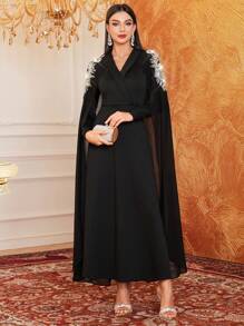 Modelyn Women's V-Neck Cape Sleeve Overlay Evening Dress Adorned With Rhinestones & Faux Pearl,Elegant Evening Party Maxi Modest Long Sleeve Dress Long Evening Dresses