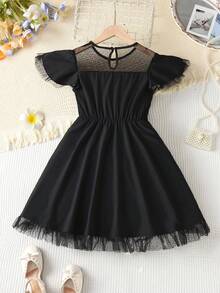 SHEIN Tween Girl Party Elegant Round Neck Short Sleeve A-Line Tulle Wedding Flower Girl Dress With Waistband - Black - View 2