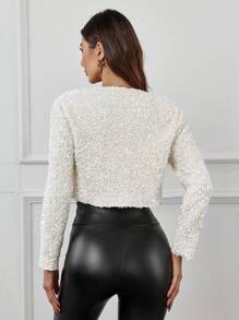 Women's Sequin Decor Bow Long Sleeve Jacket - White - View 2