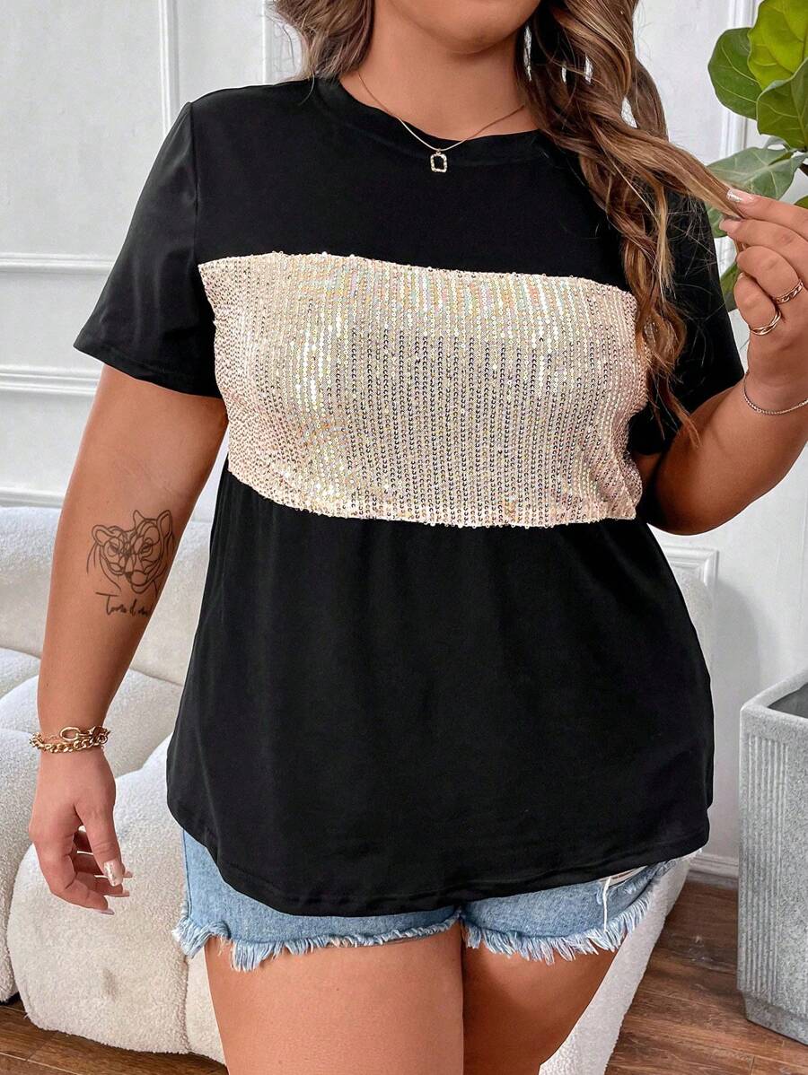 SHEIN CURVE+ Plus Size Women's Sequined Short Sleeve T-Shirt With Patchwork Design