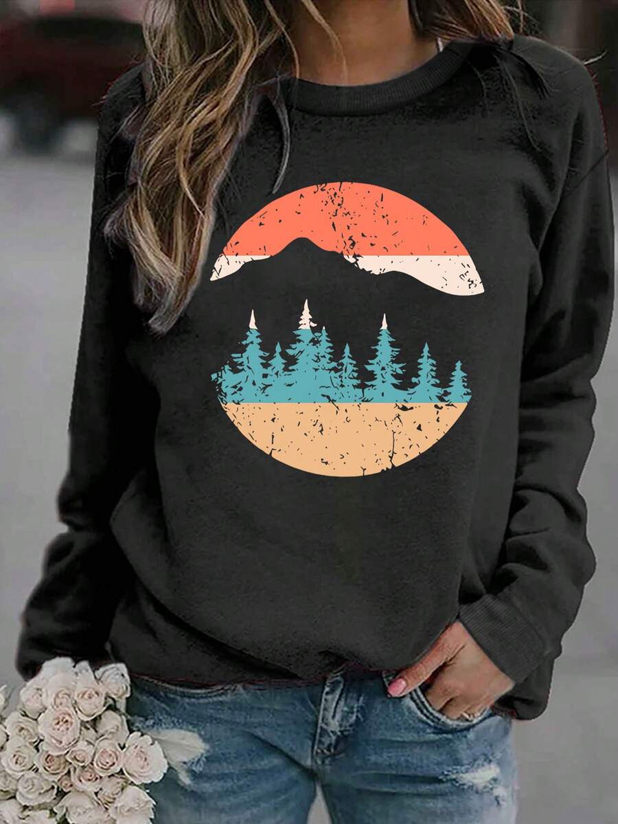 Fashionable Sunrise Print Ladies' Casual Simple Round Neck Sweatshirt - Black - View 1