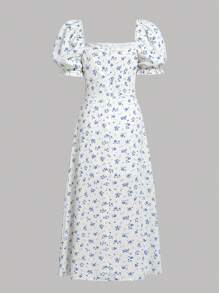 SHEIN 少女藍色花卉印花連衣裙,集合褶皺胸部、蝴蝶結和分割式泡泡袖 - 藍色 - 查看 2