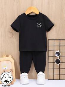 Baby Boy Smiling Face Printed Short Sleeve T-Shirt And Pants Set - Black - View 9