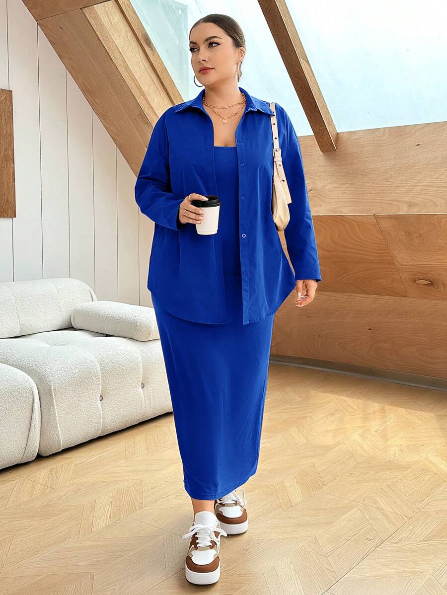 SHEIN Essnce Bộ áo sơ mi trơn màu cỡ lớn và váy không tay hai mảnh cho nữ - Xanh đậm - Xem 1