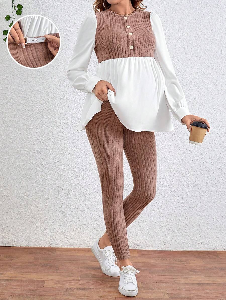 SHEIN 孕妇两件套:撞色长袖上衣和纯色打底裤 - 藕粉色 - 查看 1