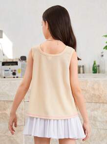 SHEIN Tween Girl 寬鬆休閒式肋紋坦克背心帶字印花,簡約百搭 - 杏色 - 查看 2