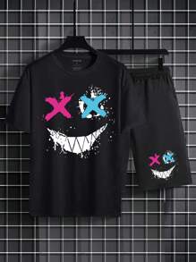 Manfinity Dauomo Men's Smile Face Printed Short Sleeve T-Shirt And Shorts Set - Black - View 6