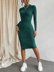 SHEIN Cottnline Mock Neck Split Thigh Sweater Dress - Dark Green - View 4