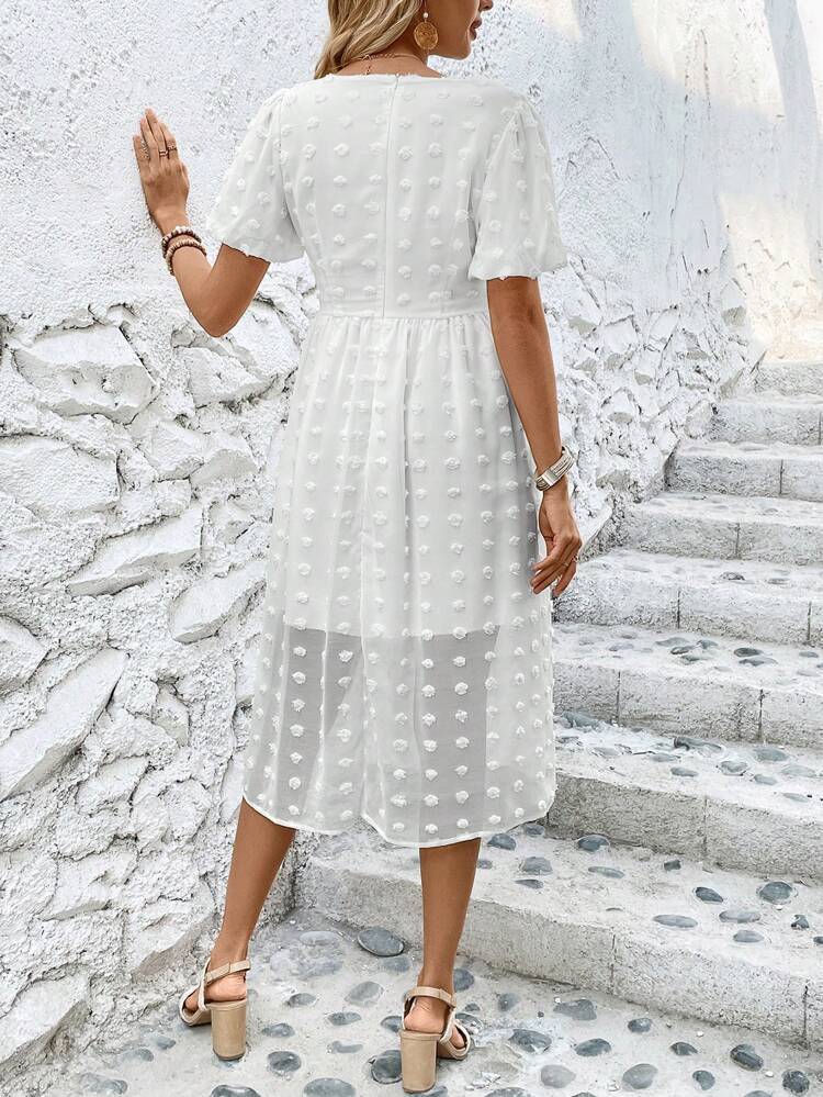 Women's V-Neck Short Puff Sleeve Belted Dress