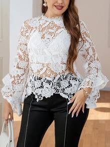 SHEIN Privé Elegant系帶泡袖蕾絲上衣(無胸墊) - 白色 - 查看 1