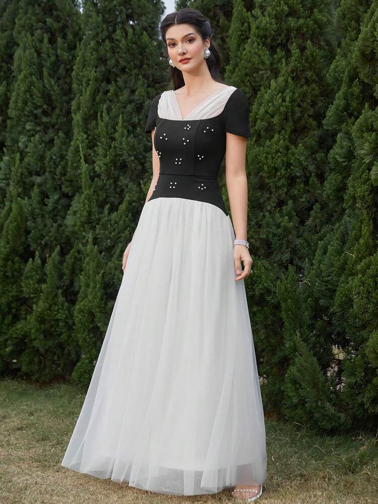 Ladies' Colorblock Jewel Embellished Dress Long Evening Dresses