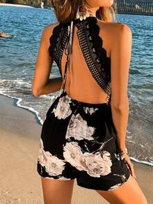 SHEIN VCAY Damen Blumenmuster Spitzen Patchwork Rückenfreier Halter Hals Jumpsuit