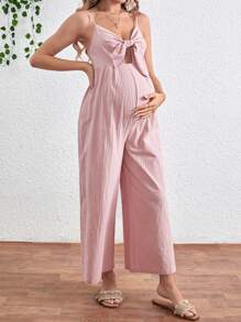 SHEIN Maternity Front Tie & Hollow Out Wide Leg Jumpsuit With Spaghetti Straps - Pink - View 5