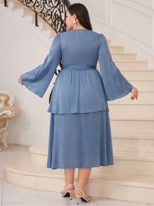 Modelyn Plus Size V-Neck Bell Sleeve Dress Long Evening Dresses - Blue - View 3