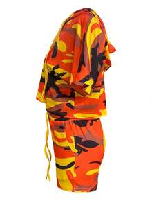 LovelyWholesale Bộ 2 áo hoodie và quần short có dây rút họa tiết rằn ri cho nữ - Màu vàng - Xem 7