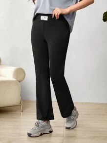 Seusyu 女士簡約素色緊身褲 - 黑色 - 查看 5