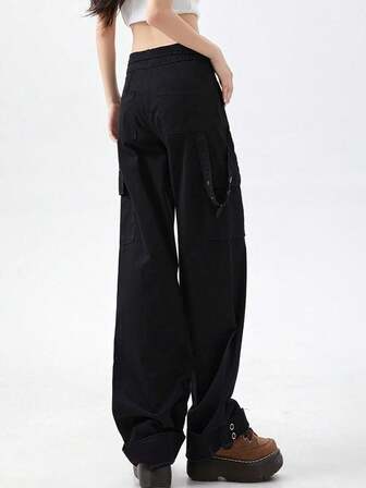 Casual Solid Color Flap Pocket Side Cargo Pants