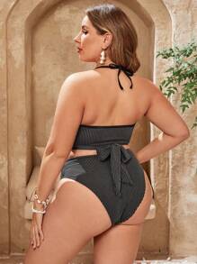 SHEIN Swim Curve 大码女式条纹吊带分体比基尼套装（3 件/套）夏季海滩 - 黑色 - 查看 2