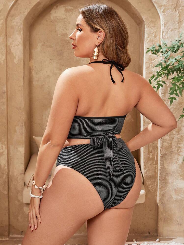 Plus Size Women's Striped Halter Strap Separated Bikini Set (3pcs/Set) Summer Beach