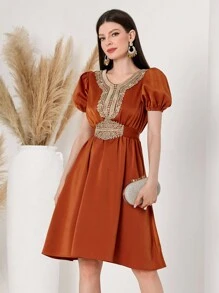 Robe À Ligne A À Manches Courtes Bouffantes Et Col Rond Pour Femme - Café - Voir 3