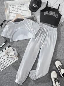 SHEIN 3 件套少女銀色套裝,包括吊帶背心、t 恤和褲子 - 彩色 - 查看 1