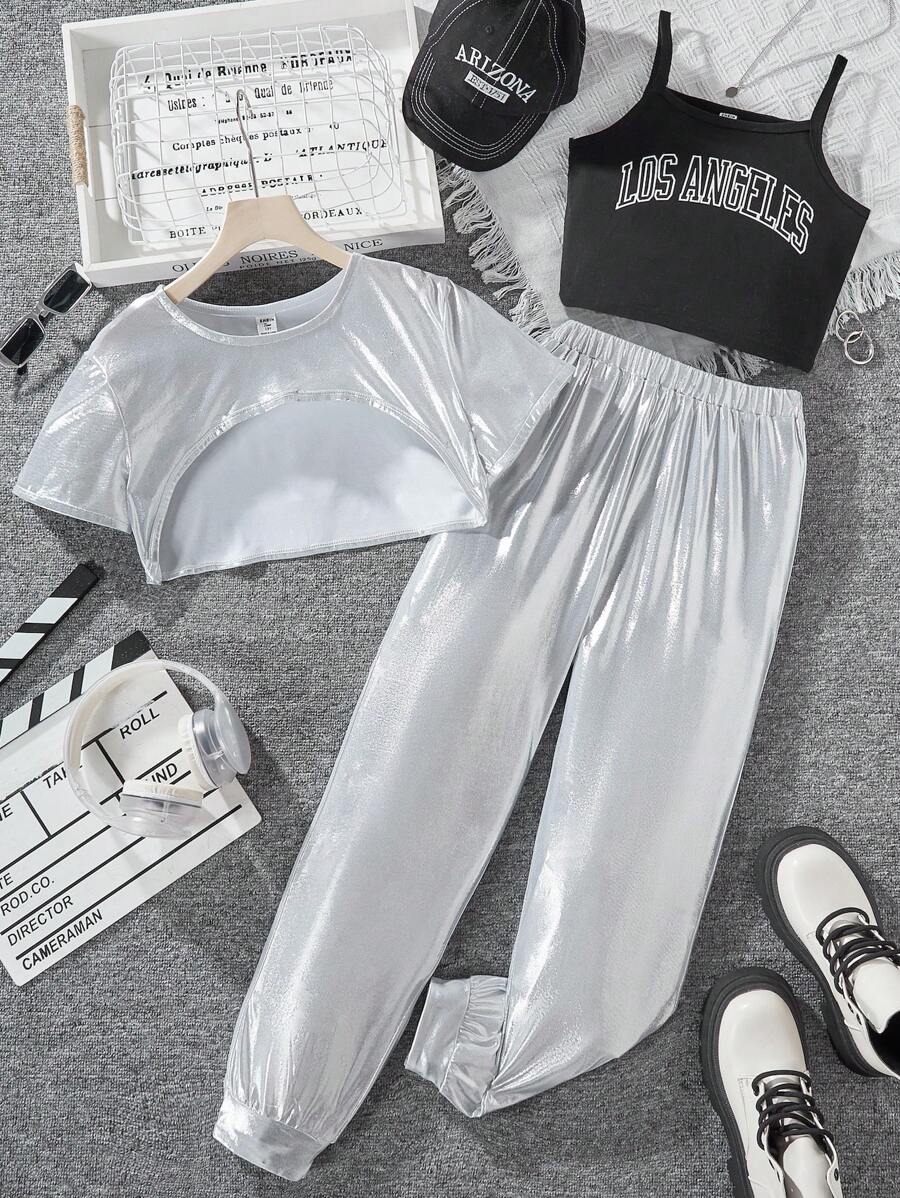 SHEIN 3 件套少女銀色套裝,包括吊帶背心、t 恤和褲子 - 彩色 - 查看 1