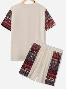 2pcs/Set Men's Geometric Pattern Short Sleeve T-Shirts And Shorts - Multicolor - View 2