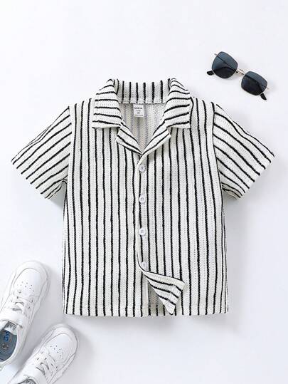 SHEIN 年輕男孩條紋休閒短袖衫，開衩面料，經典時尚，夏季、戶外活動和各種場合均適用，舒適耐穿