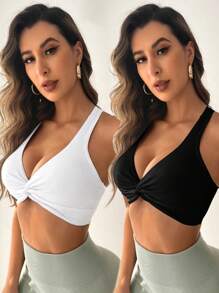 SHEIN Sports 2pcs Women's Solid Color Twist-Knot Sports Bra - Black and White - View 1
