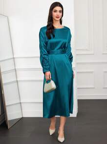 Modelyn Vestido Longo de Festa Elegante de Manga Longa com Decote Redondo Plissado e Cor Única para Mulheres