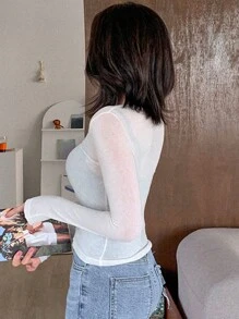 DAZY 女式圆领修身T恤透明长袖女式上衣 - 白色 - 查看 3